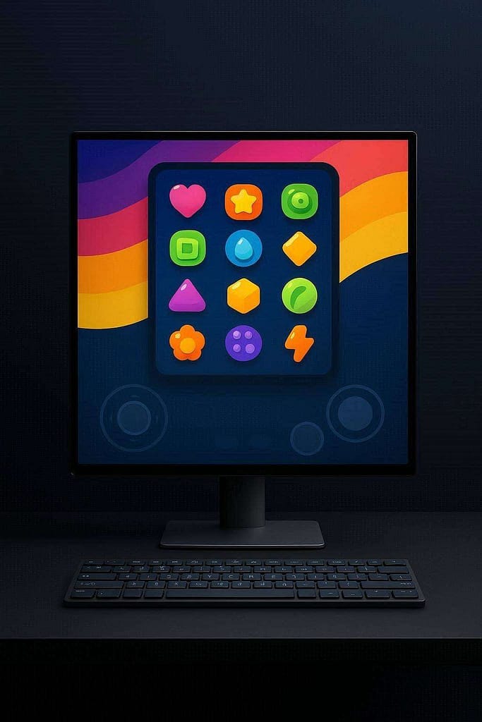 Computer monitor displaying a colorful mobile game interface - install mobile games on PC